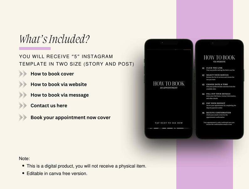 K&ouml;nnte beinhalten: Ein digitales Produkt zur Buchung von Terminen. Das Bild zeigt ein Mockup eines Smartphone-Bildschirms mit dem Text "How to Book" und einer Liste von Schritten zur Buchung eines Termins. Der Text "You will receive 5 Instagram templates in two sizes (story and post)" ist ebenfalls enthalten.
