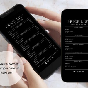 Puede incluir: Una lista de precios en blanco y negro para extensiones de pesta&ntilde;as en la pantalla de un tel&eacute;fono inteligente. La lista incluye precios para servicios cl&aacute;sicos, volumen, mega volumen, h&iacute;bridos y lifting y tinte de pesta&ntilde;as. El n&uacute;mero de tel&eacute;fono 123 456 789 aparece en la parte inferior de la pantalla.
