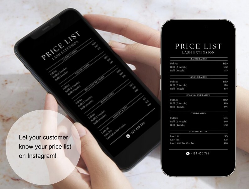 Puede incluir: Una lista de precios en blanco y negro para extensiones de pesta&ntilde;as en la pantalla de un tel&eacute;fono inteligente. La lista incluye precios para servicios cl&aacute;sicos, volumen, mega volumen, h&iacute;bridos y lifting y tinte de pesta&ntilde;as. El n&uacute;mero de tel&eacute;fono 123 456 789 aparece en la parte inferior de la pantalla.