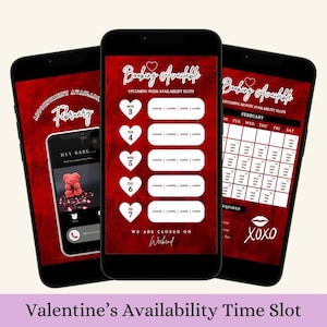 May include: A red and white mobile phone screen displaying a Valentine's Day booking calendar. The calendar shows availability slots for February, with the text "Booking Available" and "We are closed on Weekend".