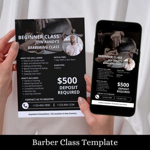 May include: Black and white flyer with a photo of a man with a beard and a black shirt. The flyer advertises a beginner barbering class with Randy. The flyer includes the date, time, duration, price, and contact information. The flyer also includes a list of what you will learn and what is included in the class.