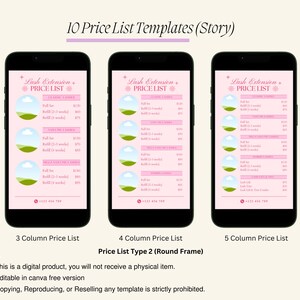May include: Three different phone screen mockups showing price lists for lash extensions. The price lists are in a pink and white color scheme with a round frame and a green and white illustration of a landscape. The text on the price lists reads "Lash Extension Price List".