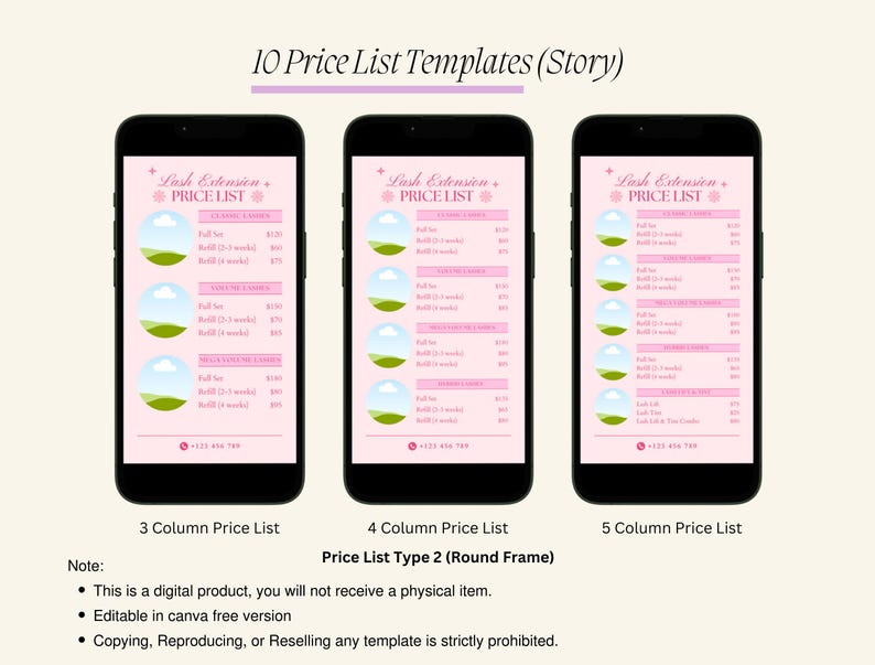 May include: Three different phone screen mockups showing price lists for lash extensions. The price lists are in a pink and white color scheme with a round frame and a green and white illustration of a landscape. The text on the price lists reads "Lash Extension Price List".