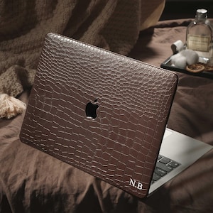 Personalized Brown Crocodile Embossed MacBook Case, Custom Leather Laptop Cover with Gold Initial for MacBook Air 13 Pro 14 2026 M5 Neo A18 image 3