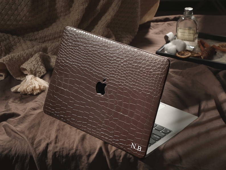 Personalized Brown Crocodile Embossed MacBook Case, Custom Leather Laptop Cover with Gold Initial for MacBook Air 13 Pro 14 2026 M5 Neo A18 image 3