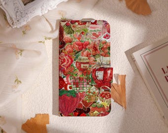 Strawberry Farm Collage Wallet Phone Cover for iPhone 16 15 14 13 Pro, iPhone 11 12 13, iPhone SE X XR Case with Card Holder, Unique Case