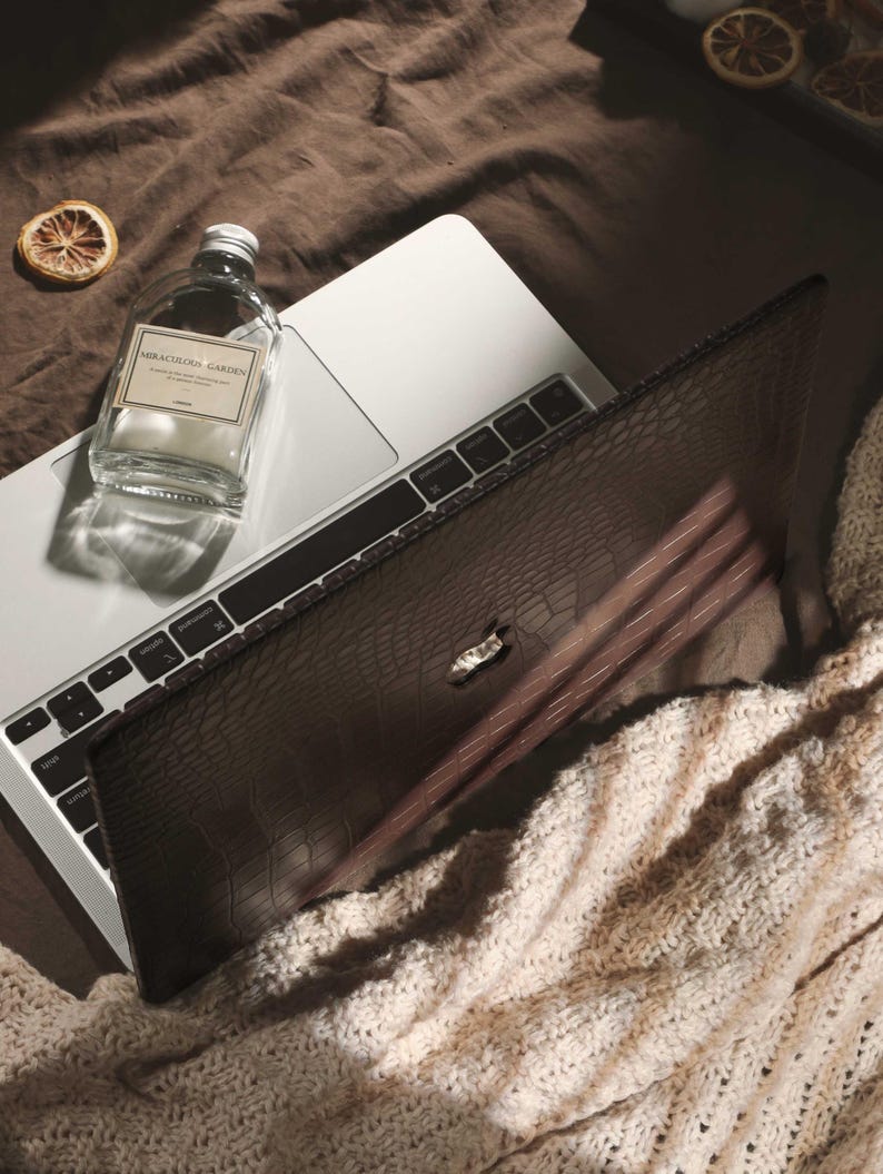 Personalized Brown Crocodile Embossed MacBook Case, Custom Leather Laptop Cover with Gold Initial for MacBook Air 13 Pro 14 2026 M5 Neo A18 image 5