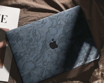Personalized Blue Retro Embossed Flower MacBook Case, Custom Leather Laptop Cover with Gold Initial for MacBook Air 13 15 Pro 14 16 2026 M5