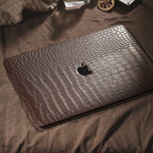 Personalized Brown Crocodile Embossed MacBook Case, Custom Leather Laptop Cover with Gold Initial for MacBook Air 13 Pro 14 2026 M5 Neo A18 image 4