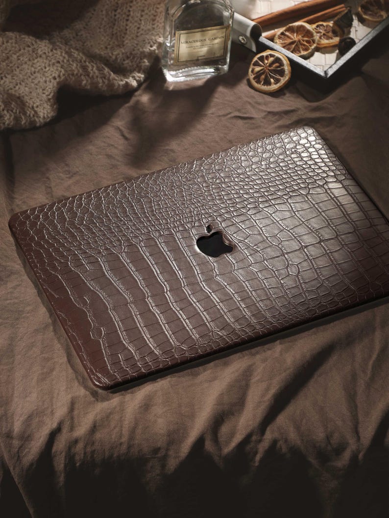 Personalized Brown Crocodile Embossed MacBook Case, Custom Leather Laptop Cover with Gold Initial for MacBook Air 13 Pro 14 2026 M5 Neo A18 image 4