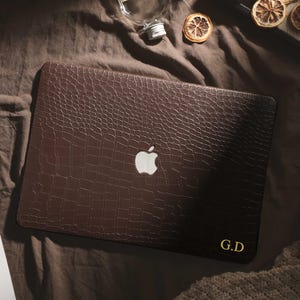 Personalized Brown Crocodile Embossed MacBook Case, Custom Leather Laptop Cover with Gold Initial for MacBook Air 13 Pro 14 2026 M5 Neo A18 image 2