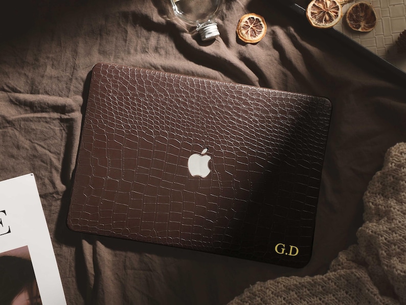 Personalized Brown Crocodile Embossed MacBook Case, Custom Leather Laptop Cover with Gold Initial for MacBook Air 13 Pro 14 2026 M5 Neo A18 image 2