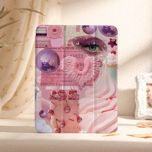 Op de afbeelding: Roze en paarse collage-ontwerp met een roze hart met vleugels, een discobal, een roze en witte ijshoorn, een roze taart met kersen en een roze en paars oog met sterren.