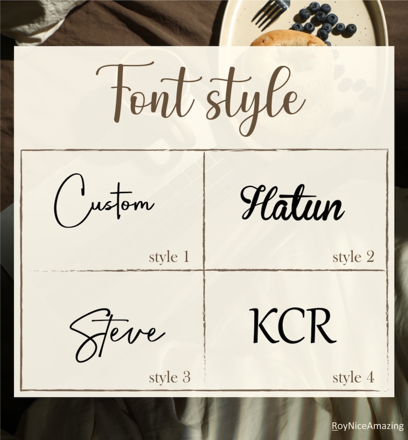 May include: Four different font styles are shown in black text on a white background. The text reads "Custom", "Hatun", "Steve", and "KCR".
