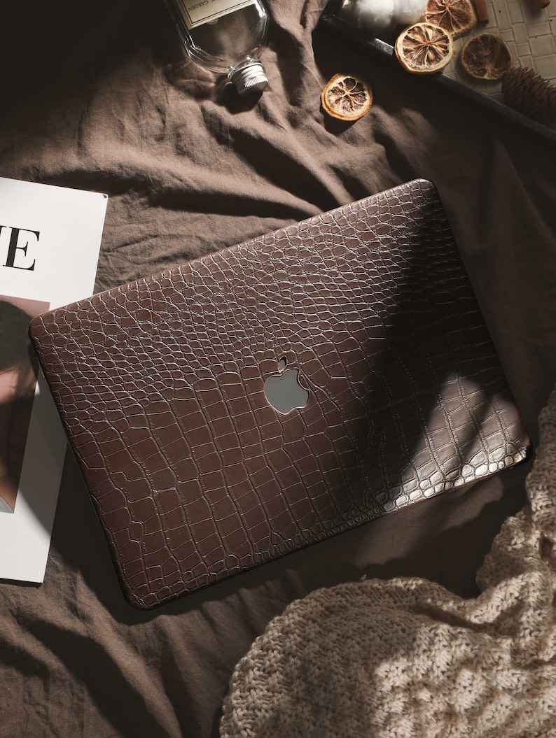 Personalized Brown Crocodile Embossed MacBook Case, Custom Leather Laptop Cover with Gold Initial for MacBook Air 13 Pro 14 2026 M5 Neo A18 image 1