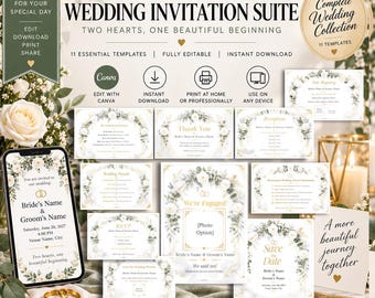 Two Hearts, One Beautiful Beginning | Elegant Wedding Invitation Suite | 11 Editable Wedding Templates | White Floral & Gold