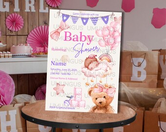 Baby Girl Shower Invitation Template | Pink Teddy Bear Watercolor Invite (Digital Download)