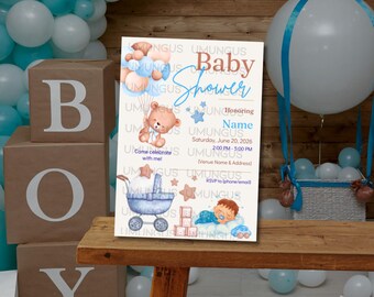 Baby Shower Invitation Template | Watercolor Teddy Bear, Blue Boy Invite (Digital Download)