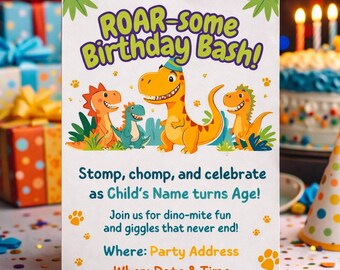 Editable Dinosaur Birthday Invitation | Roar-some Dino Party Invite (Canva Editable)