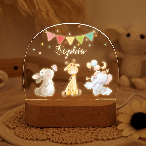 Personalized Baby Night Light with Wooden Base,Animals Night Light,Baby Shower Gift,Custom Name Nursery Light,Warm Light Baby Gift