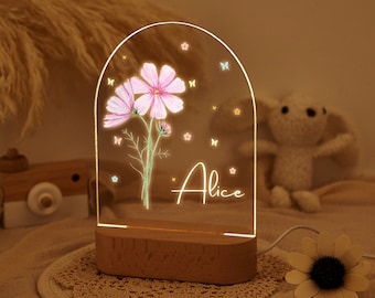 Lumière personnalisée de nuit de nom de fleur de naissance, lumière de nuit personnalisée, lumière de nuit de chambre d’enfants, lumière de nuit de pépinière, cadeau de pendaison de crémaillère, cadeau pour des enfants