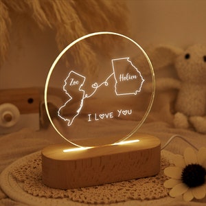 Cadeau voor lange afstand, gepersonaliseerd nachtlampje met twee kaarten, cadeau voor een vriend bij een verhuizing, jubileumcadeau, Valentijnsdagcadeau, vriendschapscadeau, cadeau voor een stel