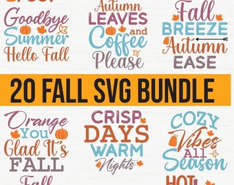 May include: A set of 20 fall-themed SVG designs featuring various autumnal phrases and images, including pumpkins, leaves, sweaters, and cozy nights. The designs are perfect for creating fall-themed crafts, apparel, and home decor.