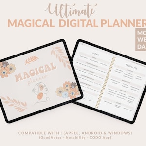 Puede incluir: Un planificador digital con un diseño floral y el texto "Magical Planner" en la portada. El planificador incluye secciones mensuales, semanales y diarias, así como plantillas para diversas tareas. Es compatible con dispositivos Apple, Android y Windows.