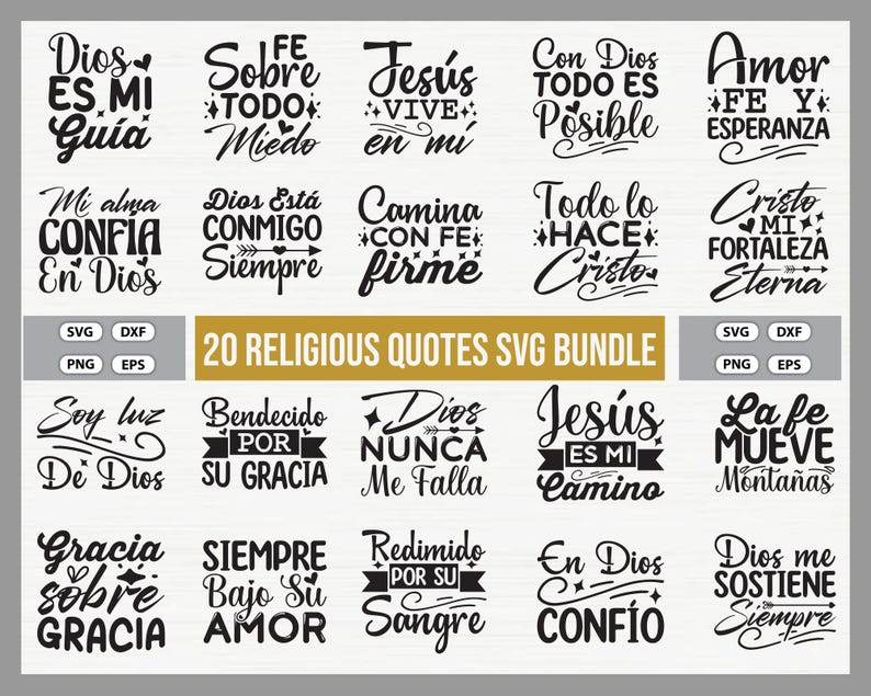 Puede incluir: Un conjunto de 20 citas religiosas en formato SVG. Las citas est&aacute;n en espa&ntilde;ol, con frases como "Dios es mi gu&iacute;a" y "Jes&uacute;s vive en mi" en una fuente negra y elegante. Incluye archivos SVG, DXF, PNG y EPS.