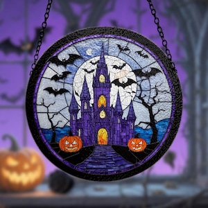 Spooky Halloween Stained Glass Suncatcher, Haunted Window Hanging Decor, Halloween Ornament Gift, Gothic Fall Home Decor, Halloween Gift