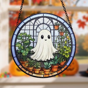 Cute Ghost Stained Glass for Plant Lovers, Halloween Suncatcher, Spooky Cute Ghost Window Hanging, Greenhouse Decor, Fall Gift for Her
