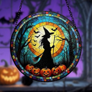 Hexe mit Mond Glasmalerei-Sonnenfänger, gruselige Fensterdekoration, Herbstdekoration, Halloween-Dekoration