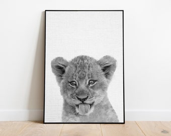 baby lion cub print ~ black and white art ~ safari nursery decor ~ instant download ~ baby animal poster ~ printable wall art ~ nursery art