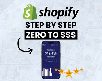 Puede incluir: La pantalla de un teléfono inteligente que muestra un panel de control de Shopify con un total de ventas de $ 12.43k y 333 pedidos. La pantalla también muestra un gráfico y una calificación de cinco estrellas. La imagen está sobre un fondo de billetes de dólar estadounidense.