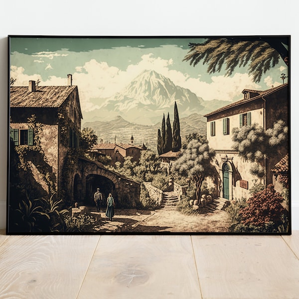 Retro Italian summer vacation, Antique Italian Landscape Painting, Old World Italian Countryside Canvas Print, Retro Italian countryside