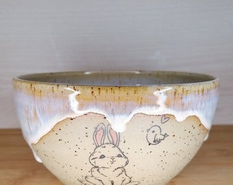 Ceramic bowl cereal bowl with rabbit handmade pottery tableware salad bowl handmade stoneware breakfast bowl pottery