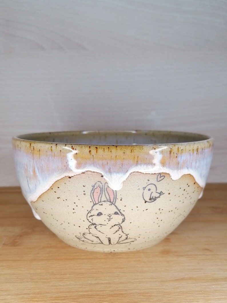 Keramik Schüssel Müslischale mit Hase handgemacht getöpfert Geschirr Salatschüssel handmade stoneware breakfast bowl pottery Bild 1