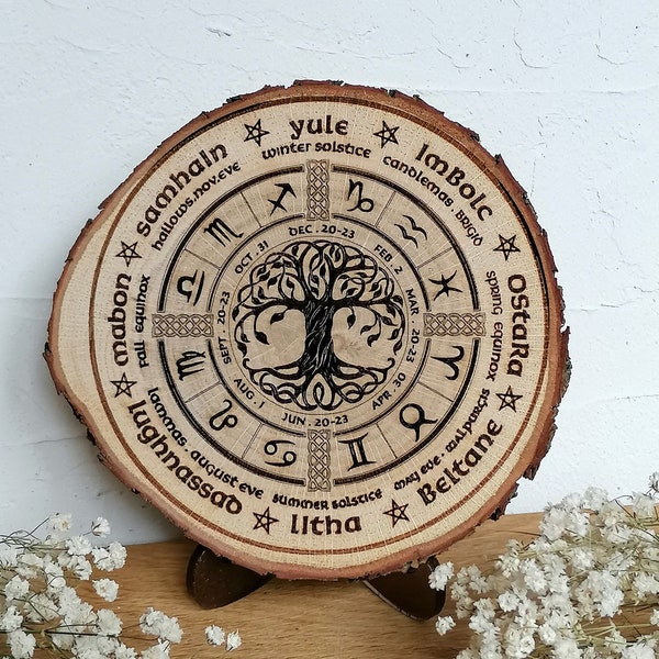 Rad des Jahres Jahreskreis graviert auf Eichen Holzscheibe  Jahreszyklus der Jahreszeitenfeste, Wicca, Pagan, Altar, Wandkunst, Hexe, Litha