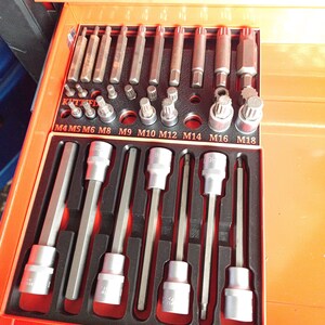 Könnte beinhalten: Eine offene, orangefarbene Werkzeugschublade, gefüllt mit einem Satz silberner und grauer Torx-Bits und -Buchsen. Die Bits sind in einer schwarzen Schaumstoffeinlage angeordnet, beschriftet mit den Größen M4 bis M18. Die Umgebung ist gut beleuchtet.