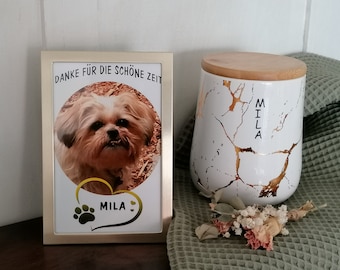 Tierurne aus Keramik. Personalisierte Tierurne. Urne für Katzenasche Hundeasche + personalisiertes Foto mit Rahmen