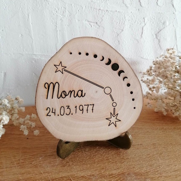 Namensschild mit Geburtsdaten aus Holz, personalisiertes Geschenk zur Geburt / Taufe Sternzeichen Mondzyklus Türschild