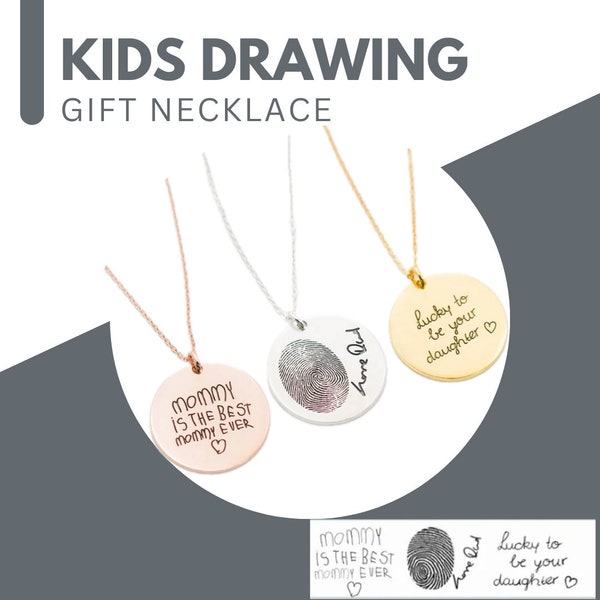 Personalized Kids Drawing Artwork Real Handwriting Signature Memorial Pendant Necklace