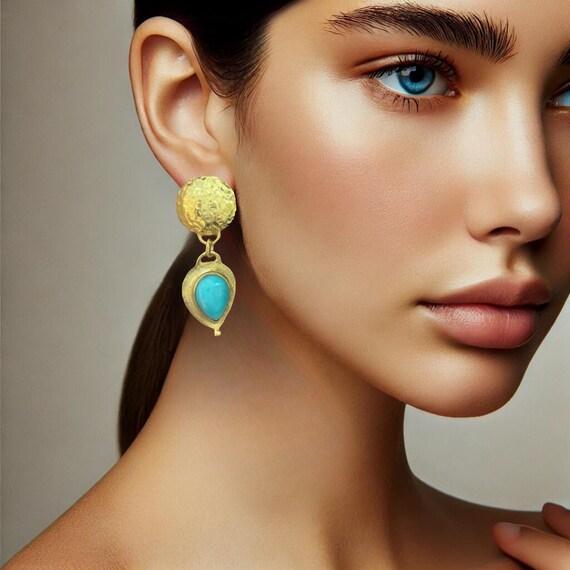 Boucles D'oreilles Goutte Turquoise Artisanales Légères - Fait-main, Argenté Et Laiton, Jamais Portées