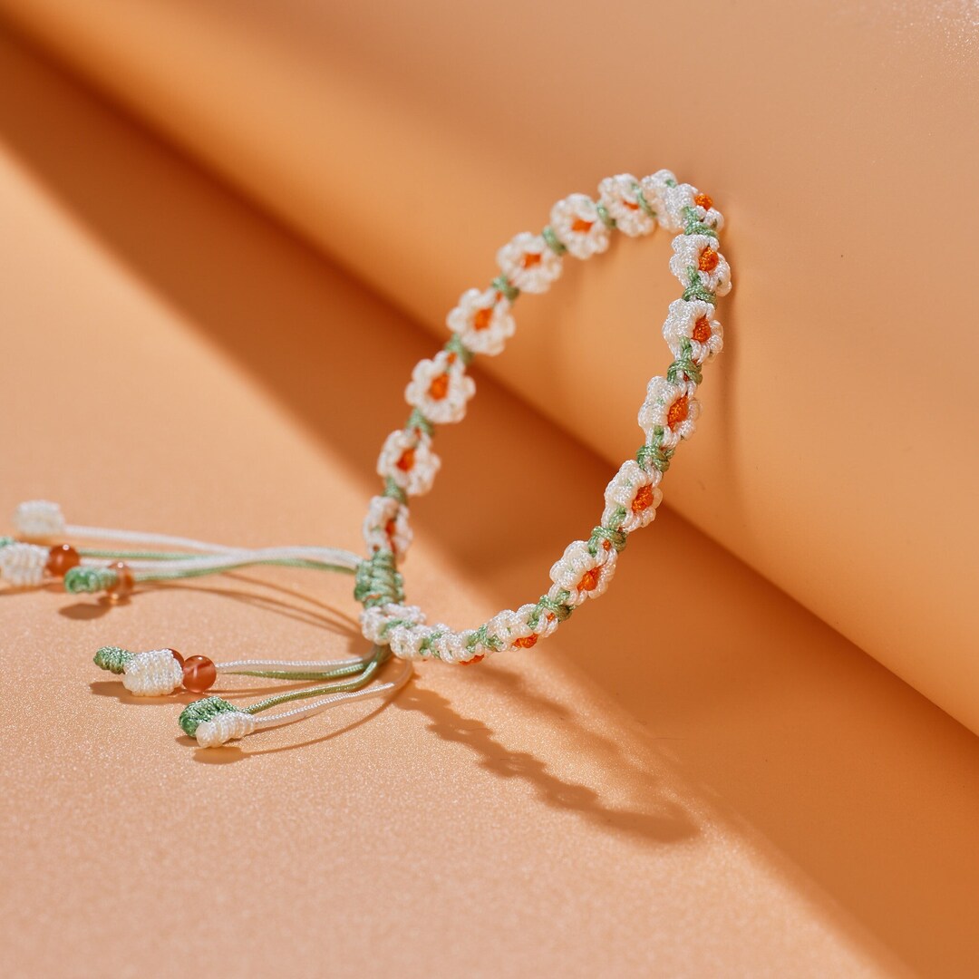 Handmade Waterproof Bracelet. Gifts for Her. Daisy Braided Bracelet. Hand Woven Floral Bracelet