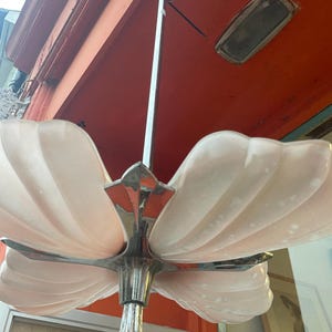 Beautiful Original Mid-Century French Art Deco Pendant Ceiling Lamp in Chrome and Pink Glass