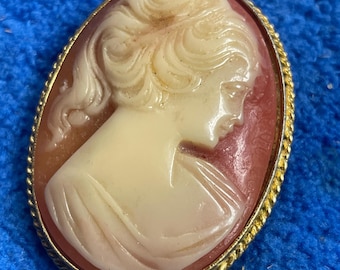 May include: Oval cameo brooch featuring a profile of a woman with flowing hair. The cameo is set against a reddish-pink background within a gold-toned frame. The frame has a twisted rope design.