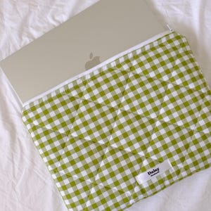 Quilted laptop iPad tablet sleeve in olive green gingham with ivory lining | Aesthetic laptop case | Handmade in the UK