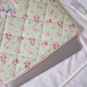 Quilted laptop iPad tablet sleeve in green and pink rose floral with pink lining | Aesthetic laptop case | Handmade in the UK