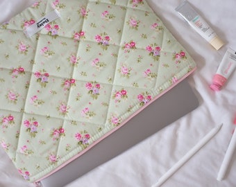 Quilted laptop iPad tablet sleeve in green and pink rose floral with pink lining | Aesthetic laptop case | Handmade in the UK