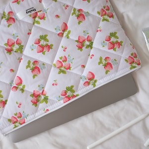 Quilted laptop iPad tablet sleeve in white strawberry print with pink gingham check | Aesthetic laptop case | Handmade in the UK